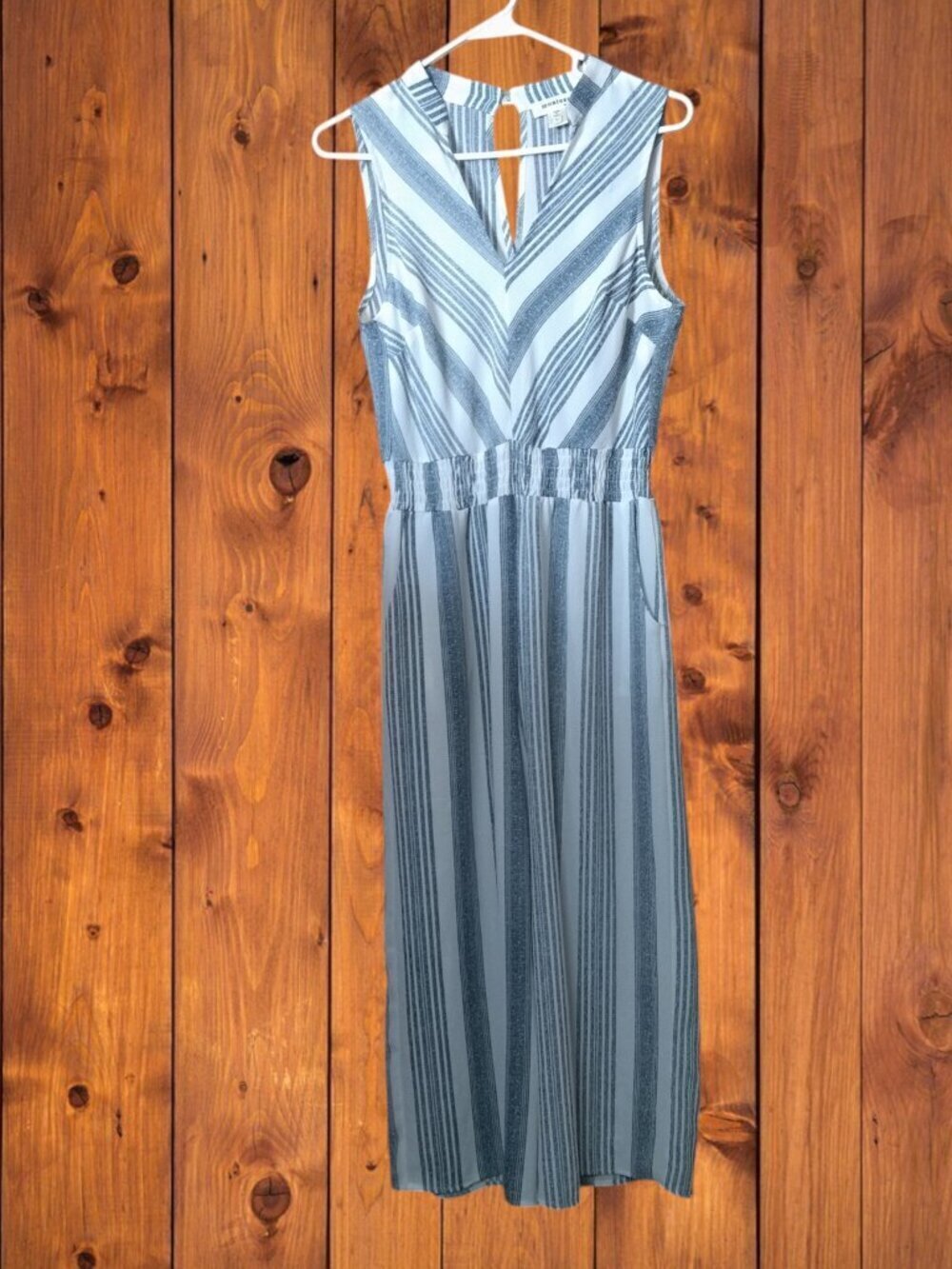 Monteau Size Large Striped Sleeveless V-Neck Wide Leg Jumpsuit Elastic Waist